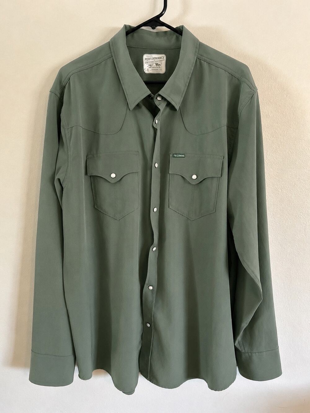 Tecovas Performance Western Pearl Snap Shirt Men XL Sage Green Long Sleeve